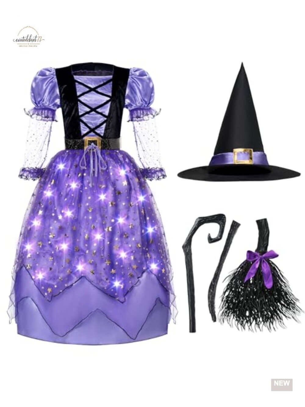 Girls Light Up Witch Costume Starry Dress Hat Broom Set Halloween